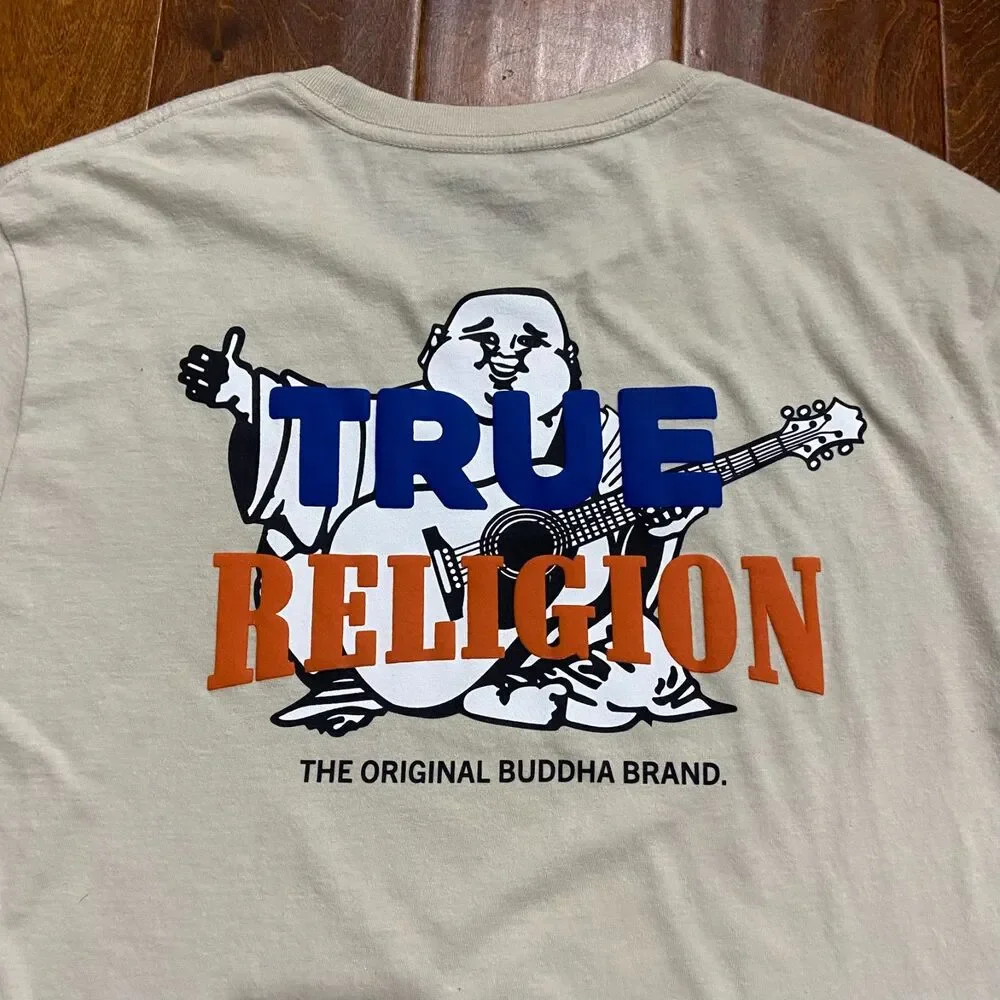True Religion Basic Fit Tan Brown Buddha Logo T-Shirt Cotton Men's Size Large